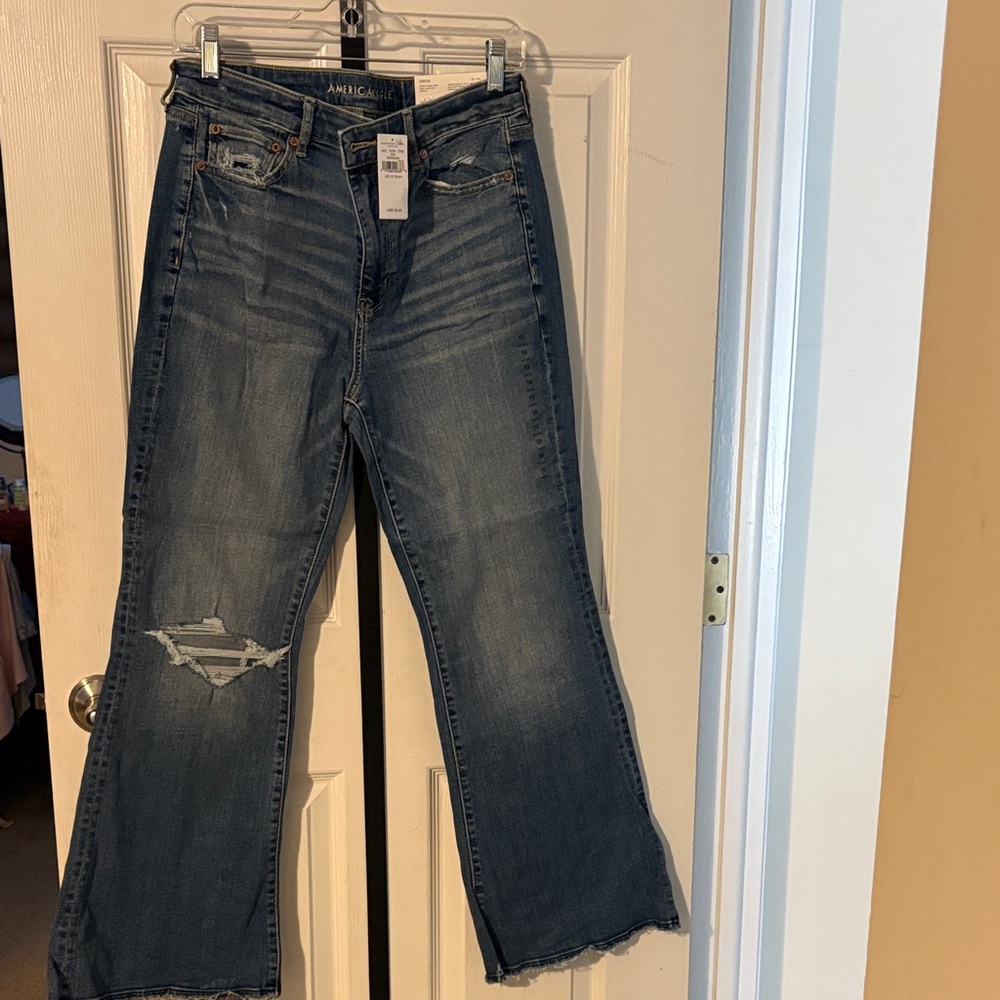 American Eagle Outfitters Super Hi-Rise Flare Distressed Jeans. Size 10Short